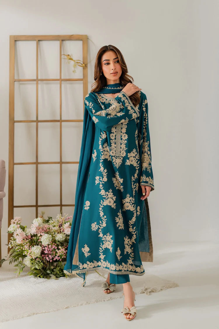 VINTAGE-3PC DHANAK EMBROIDERED SHIRT WITH BAMBER CHIFFON DUPATTA AND TROUSER-ADR-4245