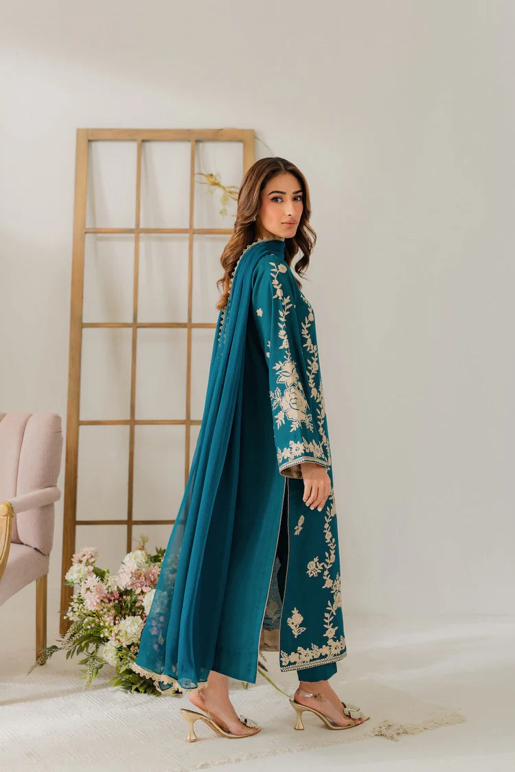 VINTAGE-3PC DHANAK EMBROIDERED SHIRT WITH BAMBER CHIFFON DUPATTA AND TROUSER-ADR-4245