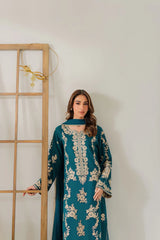 VINTAGE-3PC DHANAK EMBROIDERED SHIRT WITH BAMBER CHIFFON DUPATTA AND TROUSER-ADR-4245