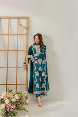 VINTAGE-3PC DHANAK EMBROIDERED SHIRT WITH BAMBER CHIFFON DUPATTA AND TROUSER-ADR-4245