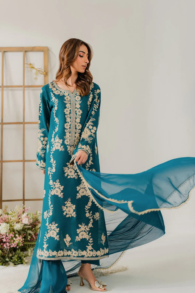 VINTAGE-3PC DHANAK EMBROIDERED SHIRT WITH BAMBER CHIFFON DUPATTA AND TROUSER-ADR-4245