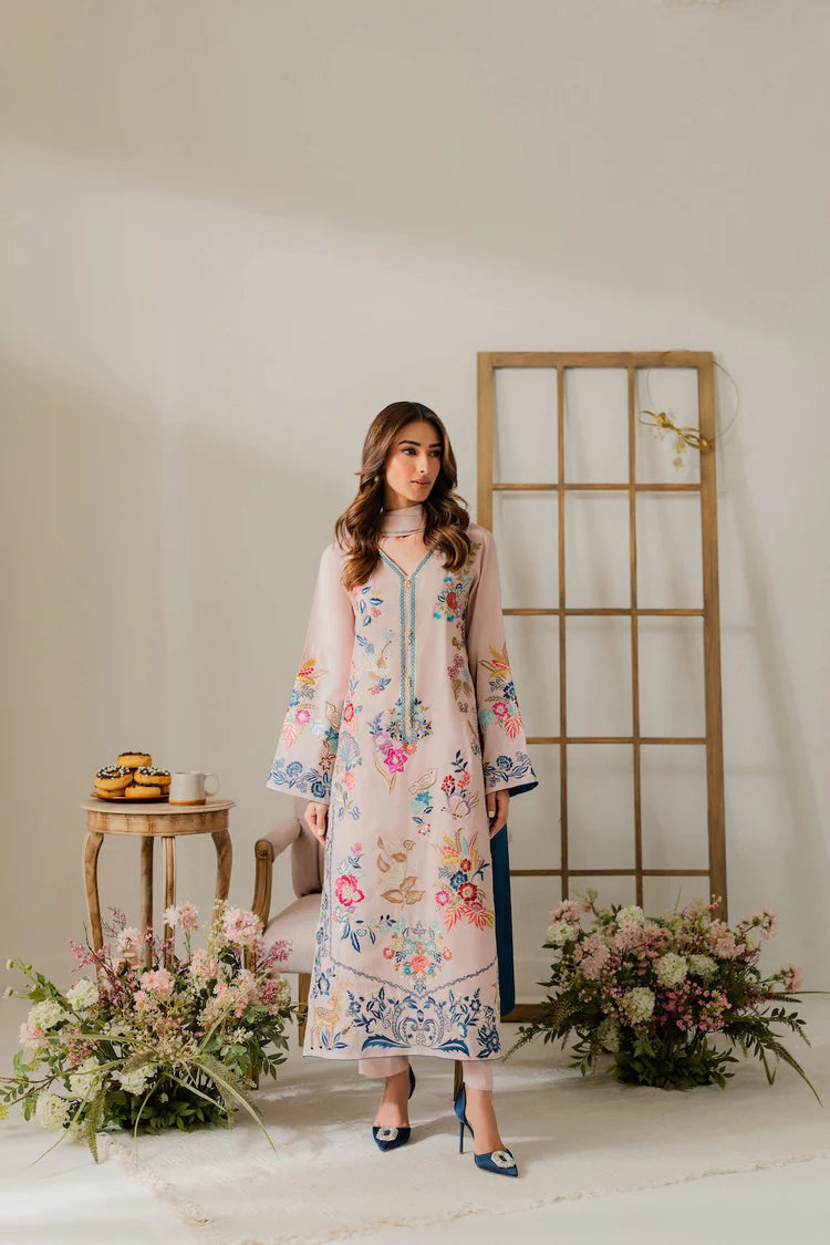 VINTAGE-3PC DHANAK EMBROIDERED SHIRT WITH TYE & DYE CHIFFON DUPATTA AND TROUSER-ADR-4314