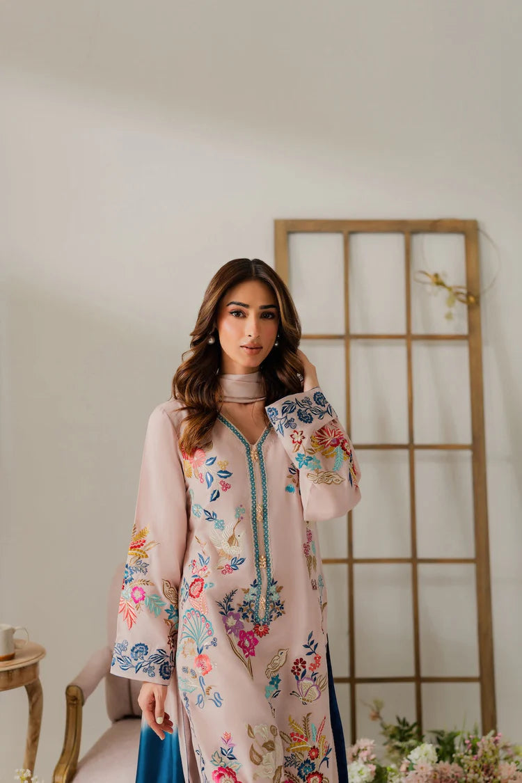 VINTAGE-3PC DHANAK EMBROIDERED SHIRT WITH TYE & DYE CHIFFON DUPATTA AND TROUSER-ADR-4314