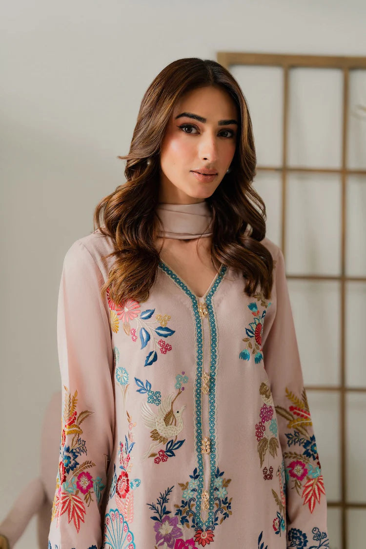 VINTAGE-3PC DHANAK EMBROIDERED SHIRT WITH TYE & DYE CHIFFON DUPATTA AND TROUSER-ADR-4314