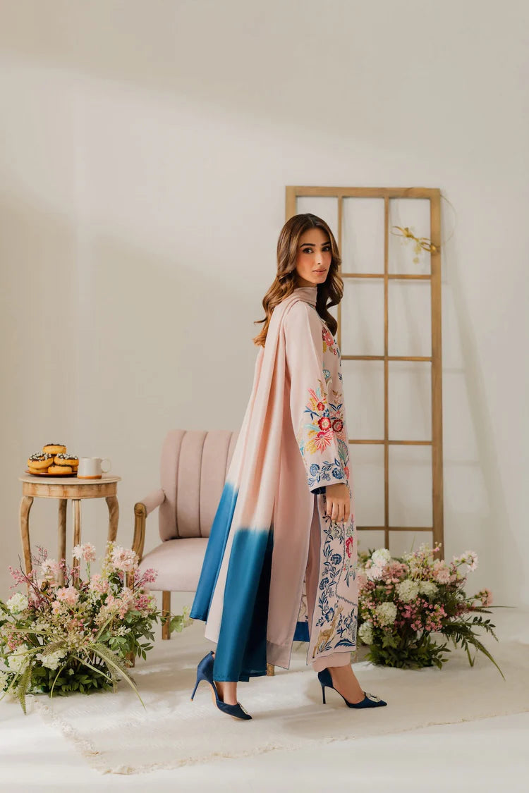 VINTAGE-3PC DHANAK EMBROIDERED SHIRT WITH TYE & DYE CHIFFON DUPATTA AND TROUSER-ADR-4314