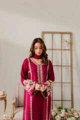 VINTAGE-3PC DHANAK EMBROIDERED SHIRT WITH DHANAK SHAWL AND TROUSER-ADR-4290