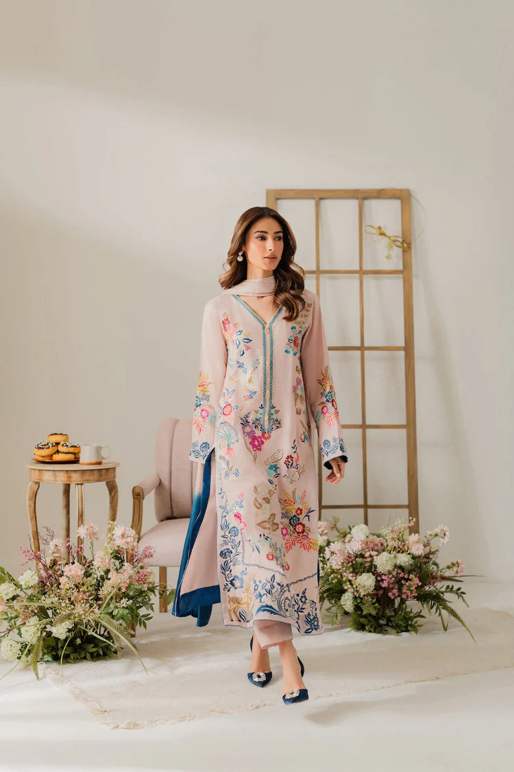 VINTAGE-3PC DHANAK EMBROIDERED SHIRT WITH TYE & DYE CHIFFON DUPATTA AND TROUSER-ADR-4314