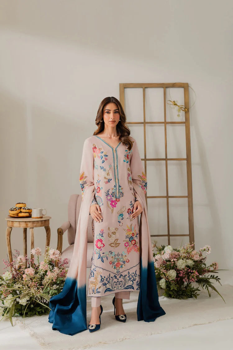 VINTAGE-3PC DHANAK EMBROIDERED SHIRT WITH TYE & DYE CHIFFON DUPATTA AND TROUSER-ADR-4314