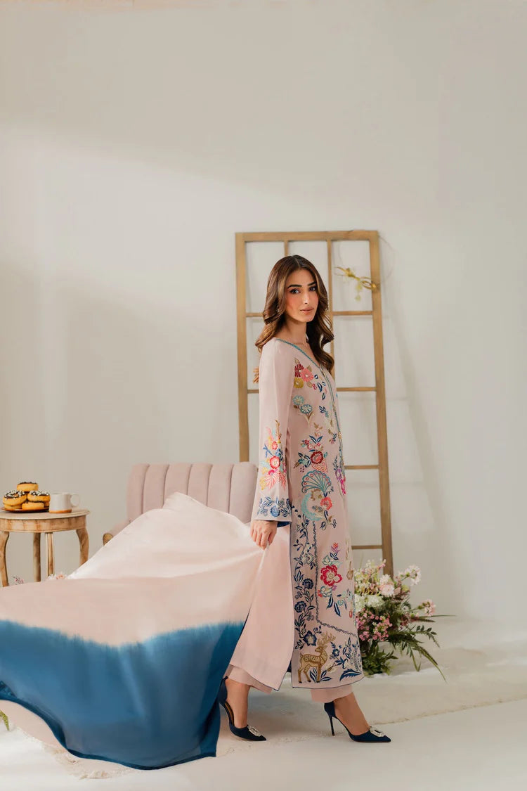 VINTAGE-3PC DHANAK EMBROIDERED SHIRT WITH TYE & DYE CHIFFON DUPATTA AND TROUSER-ADR-4314