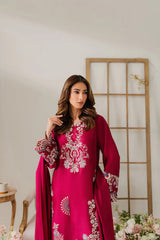 VINTAGE-3PC DHANAK EMBROIDERED SHIRT WITH DHANAK SHAWL AND TROUSER-ADR-4296