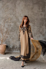 VINTAGE-3PC DHANAK EMBROIDERED SHIRT WITH CHIFFON TYE&DYE DUPATTA AND TROUSER-ADR-5287