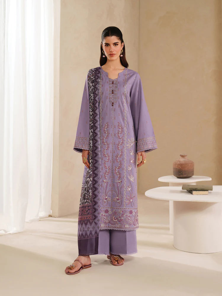 GARNET-3PC DHANAK EMBROIDERED SHIRT WITH COURTRAI PRINTED SHAWL AND TROUSER-ADR-4295