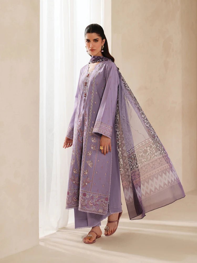 GARNET-3PC DHANAK EMBROIDERED SHIRT WITH COURTRAI PRINTED SHAWL AND TROUSER-ADR-4295