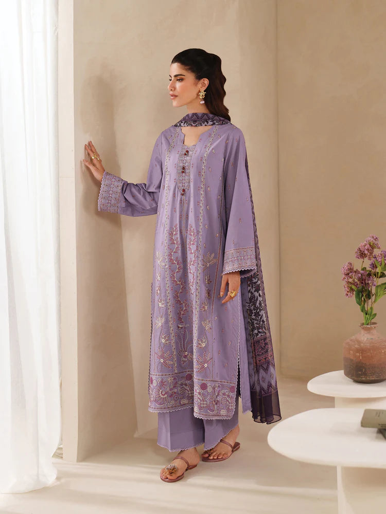 GARNET-3PC DHANAK EMBROIDERED SHIRT WITH COURTRAI PRINTED SHAWL AND TROUSER-ADR-4295