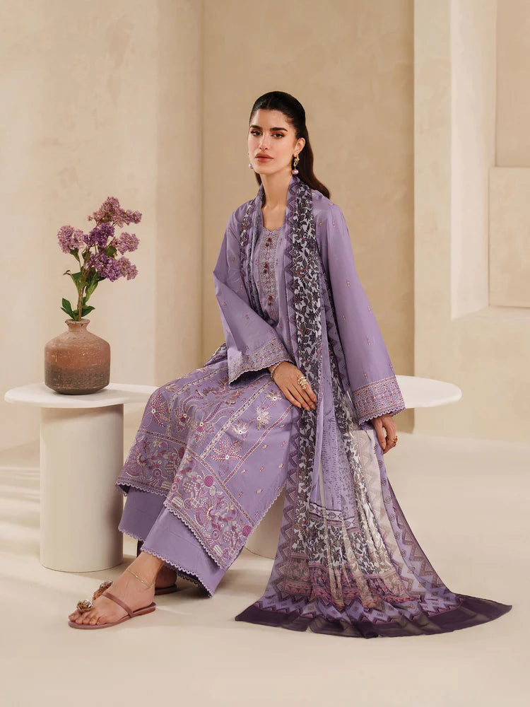 GARNET-3PC DHANAK EMBROIDERED SHIRT WITH COURTRAI PRINTED SHAWL AND TROUSER-ADR-4295