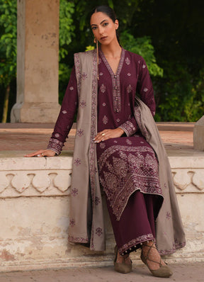 IMAGE-3PC DHANAK EMBROIDERED SHIRT DHANAK EMBROIDERED SHAWL AND TROUSER-ADR-3333