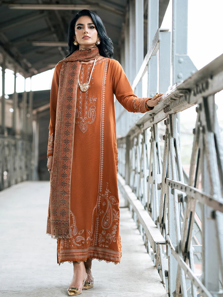 IZEL-3PC DHANAK EMBROIDERED SHIRT WITH COURTRAI PRINTED SHAWL AND TROUSER-ADR-4146