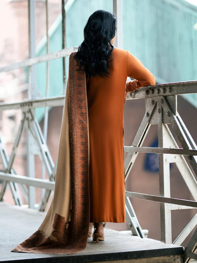 IZEL-3PC DHANAK EMBROIDERED SHIRT WITH COURTRAI PRINTED SHAWL AND TROUSER-ADR-4146