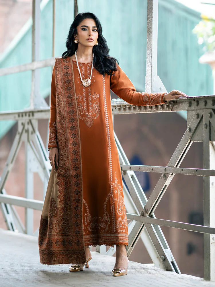 IZEL-3PC DHANAK EMBROIDERED SHIRT WITH COURTRAI PRINTED SHAWL AND TROUSER-ADR-4146