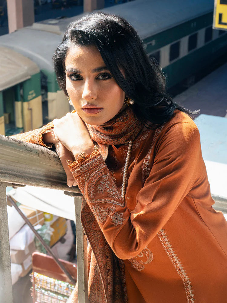 IZEL-3PC DHANAK EMBROIDERED SHIRT WITH COURTRAI PRINTED SHAWL AND TROUSER-ADR-4146