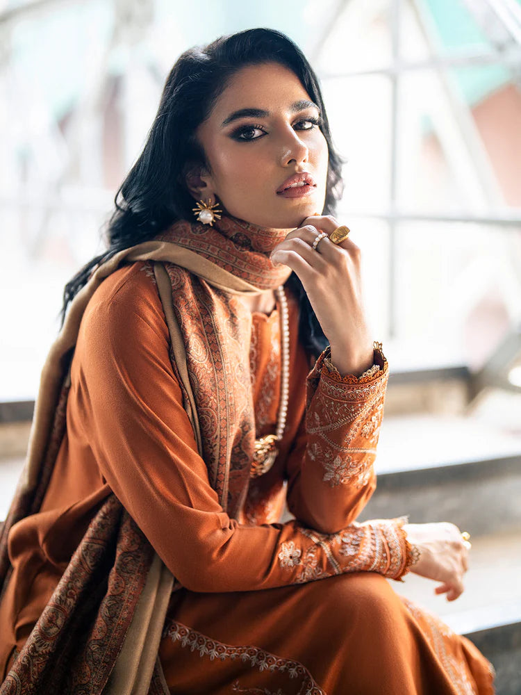 IZEL-3PC DHANAK EMBROIDERED SHIRT WITH COURTRAI PRINTED SHAWL AND TROUSER-ADR-4146