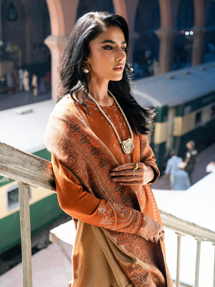 IZEL-3PC DHANAK EMBROIDERED SHIRT WITH COURTRAI PRINTED SHAWL AND TROUSER-ADR-4146