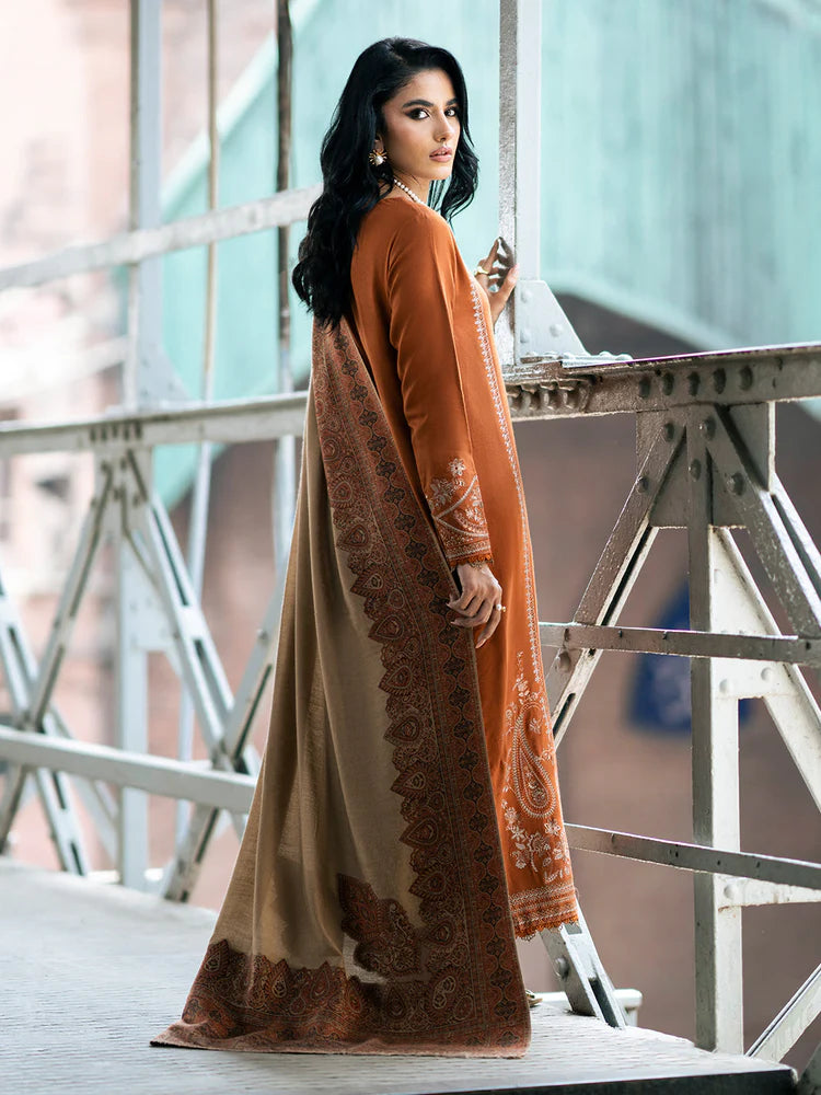 IZEL-3PC DHANAK EMBROIDERED SHIRT WITH COURTRAI PRINTED SHAWL AND TROUSER-ADR-4146