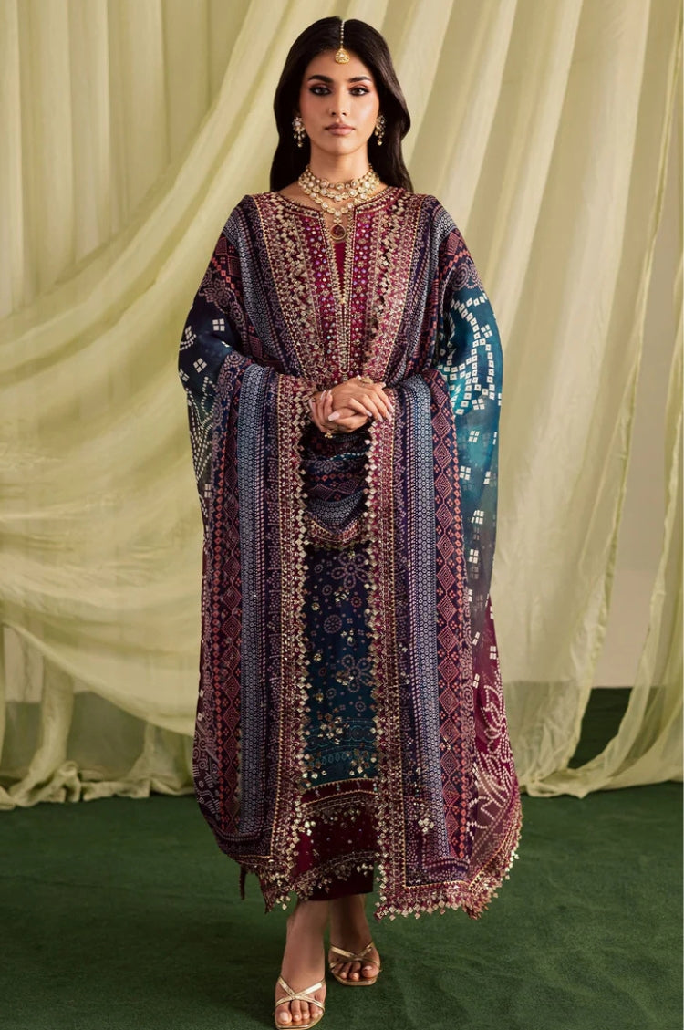 NUREH-3PC LAWN DIGITAL PRINTED EMBROIDERED & EMBLLISHED SHIRT WITH CHUNRI PRINTED EMB DUPATTA AND DYED TROUSER-ADR-018