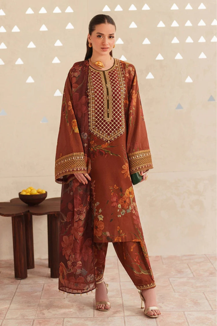BAROQUE-3PC LAWN DIGITAL PRINTED EMB SHIRT WITH SILK PRINTED DUPATTA AND PRINTED TROUSER-ADR-022