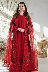 QALAMQAR-3PC LAWN CHIKAANKARI EMBROIDERED SHIRT WITH CHIFFON PRINTED EMB DUPATTA AND TROUSER-ADR-4665