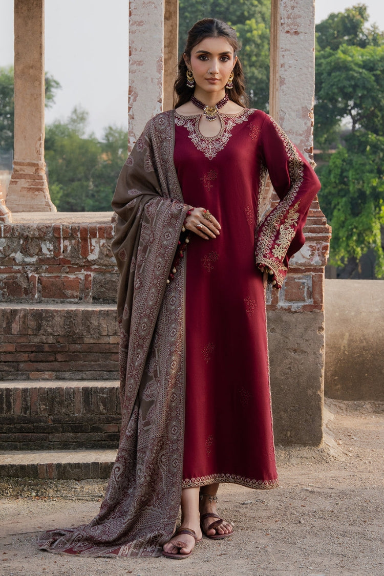 IZEL-3PC DHANAK EMBROIDERED SHIRT WITH COURTRAI PRINTED SHAWL & TROUSER-ADR-4363