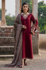 IZEL-3PC DHANAK EMBROIDERED SHIRT WITH COURTRAI PRINTED SHAWL & TROUSER-ADR-4363