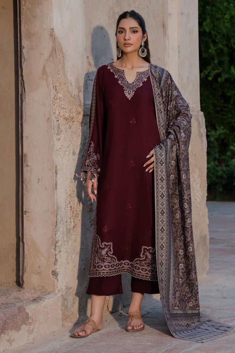 IZEL-3PC DHANAK EMBROIDERED SHIRT WITH COURTRAI PRINTED SHAWL & TROUSER-ADR-4364