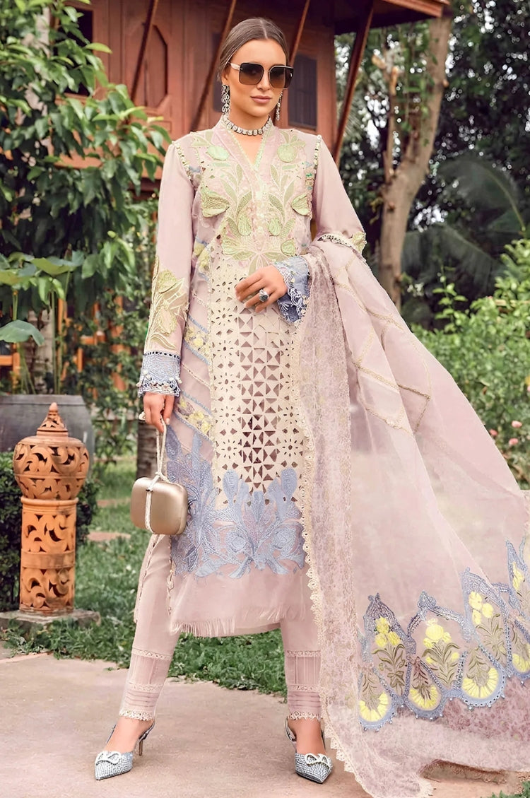 MARIA.B-3PC LAWN EMBROIDERED SHIRT WITH EMBROIDERED ORGANZA DAMAN CHIFFON PRINTED EMB DUPATTA AND EMB TROUSER-ADR-4711