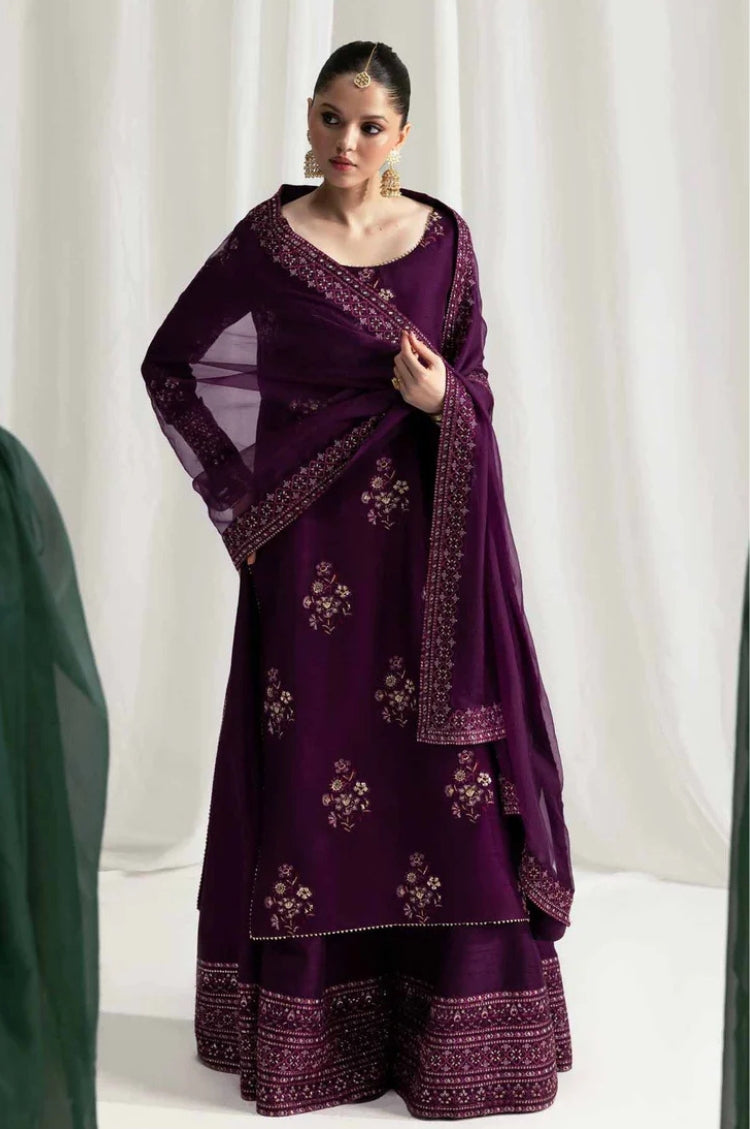 ZAIB-3PC HANDMADE EMBELLISHED SILK EMBROIDERED SHIRT WITH ORGANZA SEQUIN EMBROIDERED DUPATTA AND TROUSER-ADR-4879