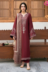IZEL-3PC DHANAK EMBROIDERED SHIRT WITH COURTRAI PRINTED SHAWL & TROUSER-ADR-4384