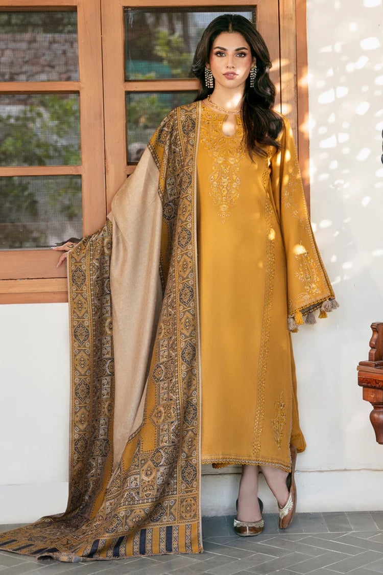 IZEL-3PC DHANAK EMBROIDERED SHIRT WITH COURTRAI PRINTED SHAWL & TROUSER-ADR-4372