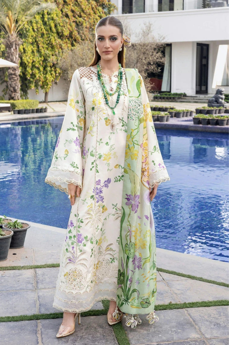 CRIMSON-3PC LAWN DIGITAL PRINTED CHIKANKARI EMB SHIRT WITH SILK PRINTED DUPATTA AND PRINTED TROUSER-ADR-025