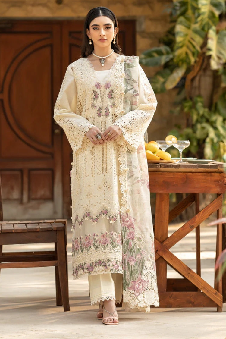 ELAF-3PC LAWN CHIKANKARI EMBROIDERED SHIRT WITH CHIFFON PRINTED DUPATTA AND TROUSER-ADR-4771
