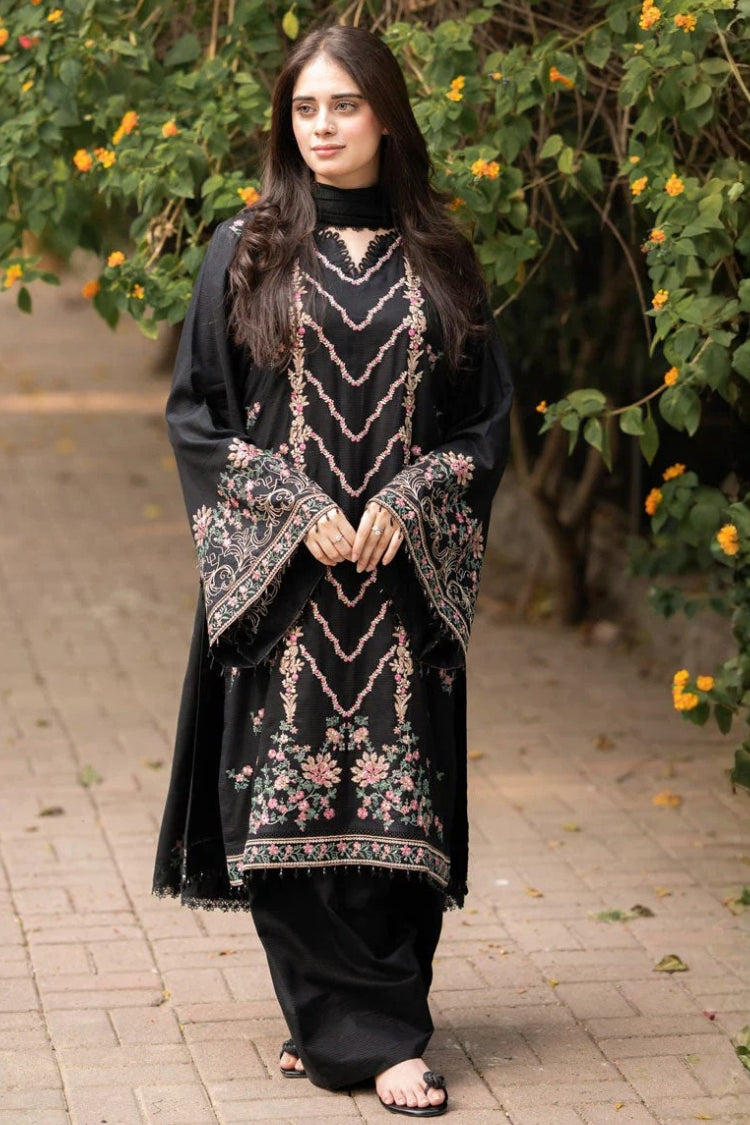 LIBAAS-3PC DHANAK EMBROIDERED SHIRT WITH DHANAK EMBROIDERED SHAWL & TROUSER-ADR-4346