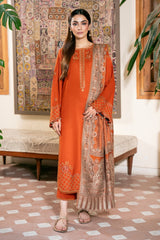 IZEL-3PC DHANAK EMBROIDERED SHIRT WITH WOOL PRINTED SHAWL AND TROUSER-ADR-5035