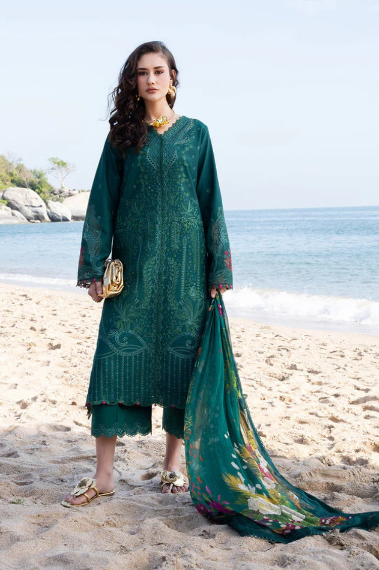 JADE-3PC LAWN CHIKAN EMBROIDERED SHIRT WITH CHIFFON PRINTED DUPATTA AND TROUSER-ADR-4877