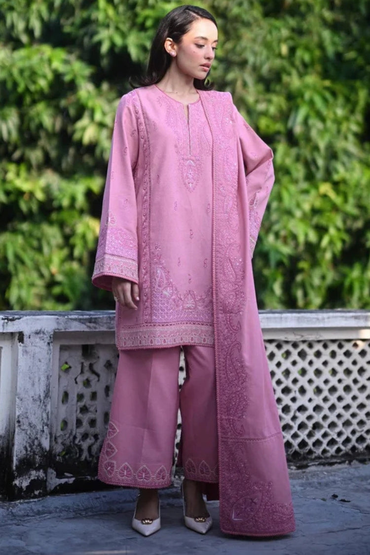 ZAIB-3PC DHANAK EMBROIDERED SHIRT WITH DHANAK EMBROIDERED SHAWL AND TROUSER-ADR-4399