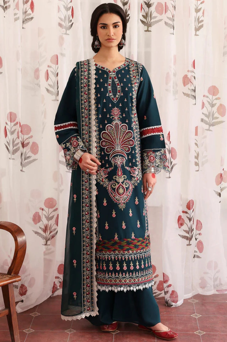 MAHNUR-3PC LAWN LASERWORK EMBROIDERED SHIRT WITH KHAADI NET EMBROIDERED DUPATTA AND TROUSER-ADR-4689
