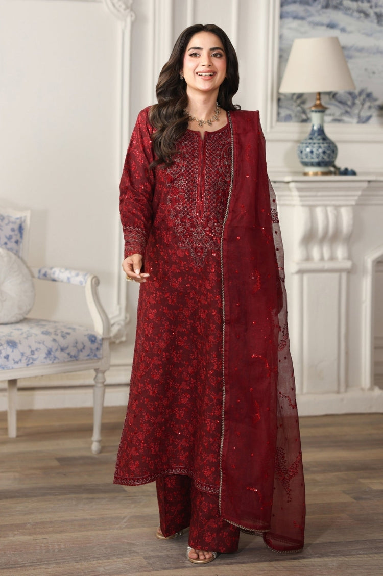 MOHAGNI-3PC LAWN PRINTED EMBROIDERED SHIRT WITH ORGANZA EMBROIDERED DUPATTA AND PRINT TROUSER-ADR-003