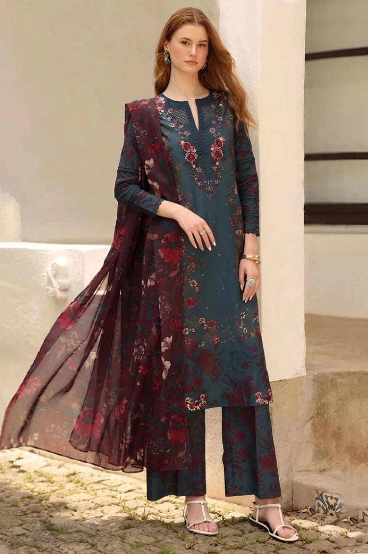 IZNIK-3PC LAWN PRINTED EMBROIDERED SHIRT WITH SILK PRINTED DUPATTA AND PRINTED EMB TROUSER-ADR-021