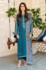 IZEL-3PC DHANAK EMBROIDERED SHIRT WITH COURTRAI PRINTED SHAWL & TROUSER-ADR-4387