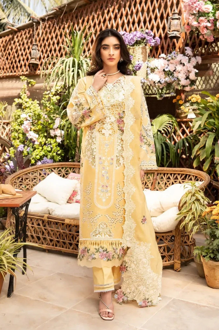 ELAF-3PC LAWN CHIKANKARI EMBROIDERED SHIRT WITH KHADDI NET EMBROIDERED DUPATTA AND TROUSER-ADR-4729