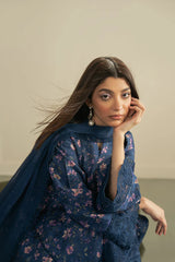 AYZEL-3PC LAWN PRINTED EMB SHIRT WITH SILK PRINTED DUPATTA AND DYED TROUSER-ADR-053