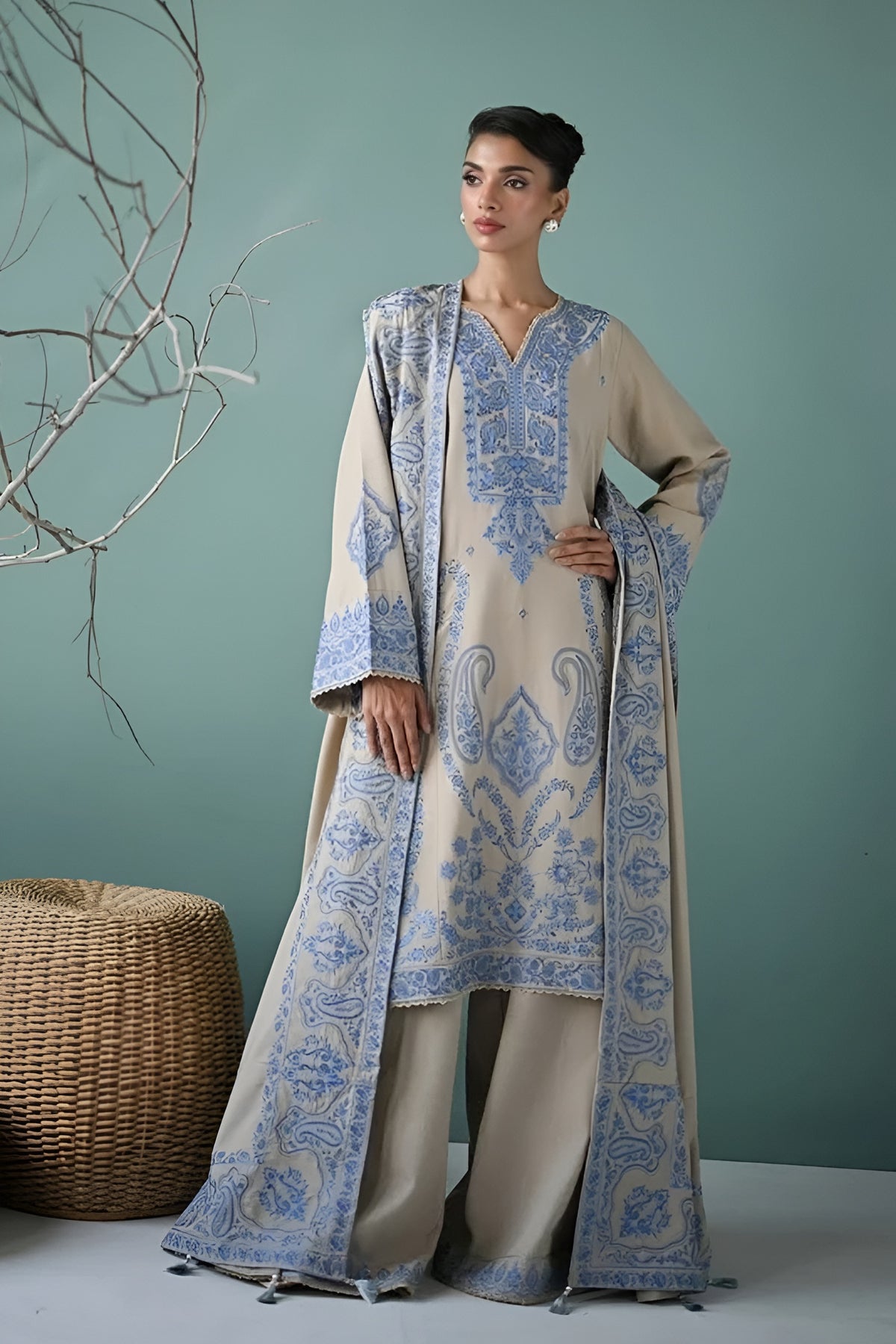 ZAIB-3PC DHANAK EMBROIDERED SHIRT WITH DHANAK EMBROIDERED SHAWL AND EMB TROUSER-ADR-5270
